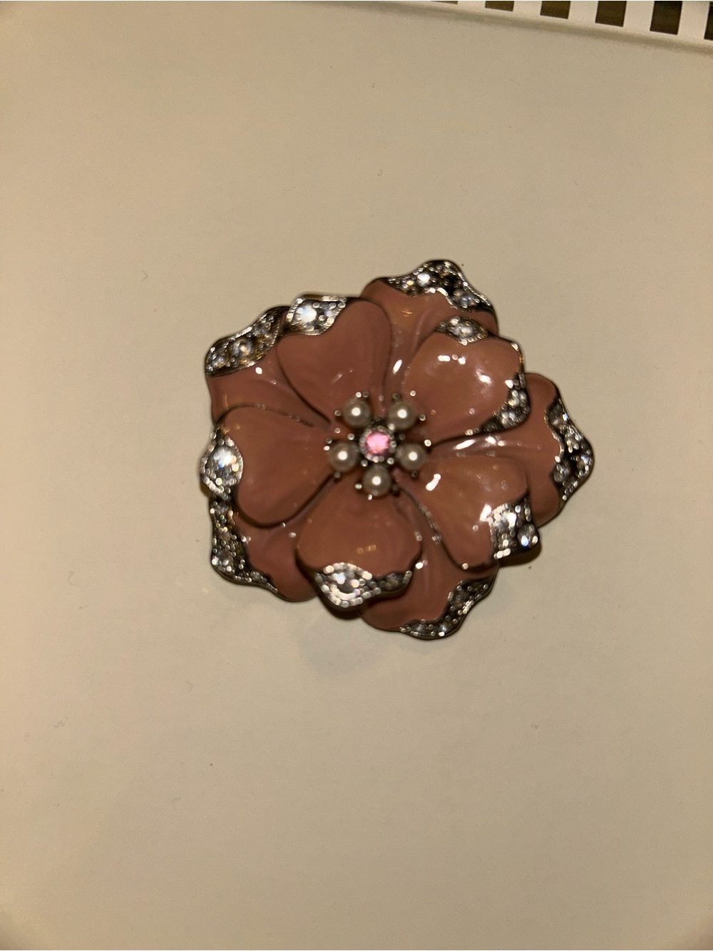 Pink Floral Enamel Brooch with Crystal Accents
